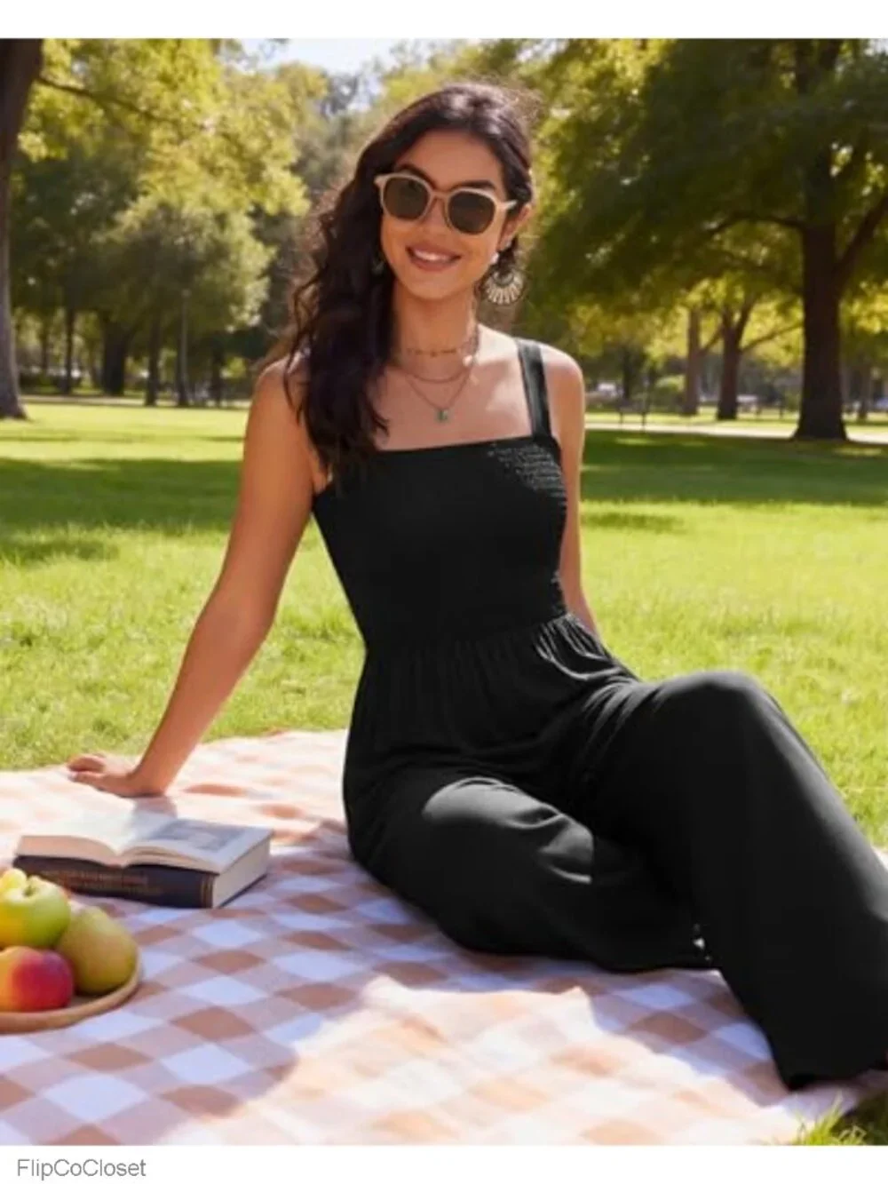 Sleeveless Boho Wide Leg Jumpsuit Smocked Romper with Pockets